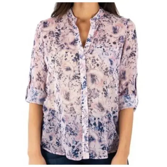 Kut from the Kloth Jasmine Pink Blue Floral Semi-Sheer Button Roll-Tab Blouse XS - Picture 8 of 10